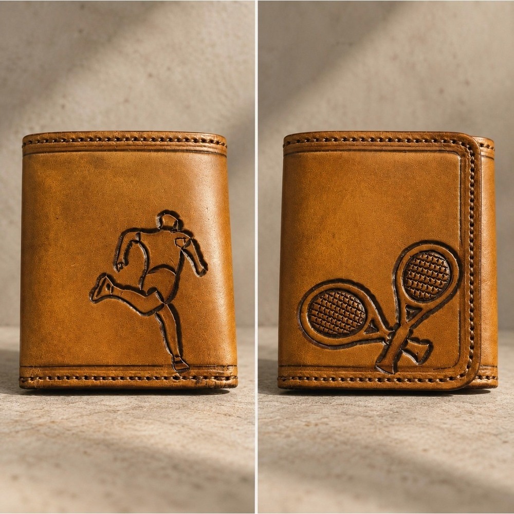 Vintage Tooled Leather Tennis Trifold Wallet Tan Handmade Preppy Sporty Western